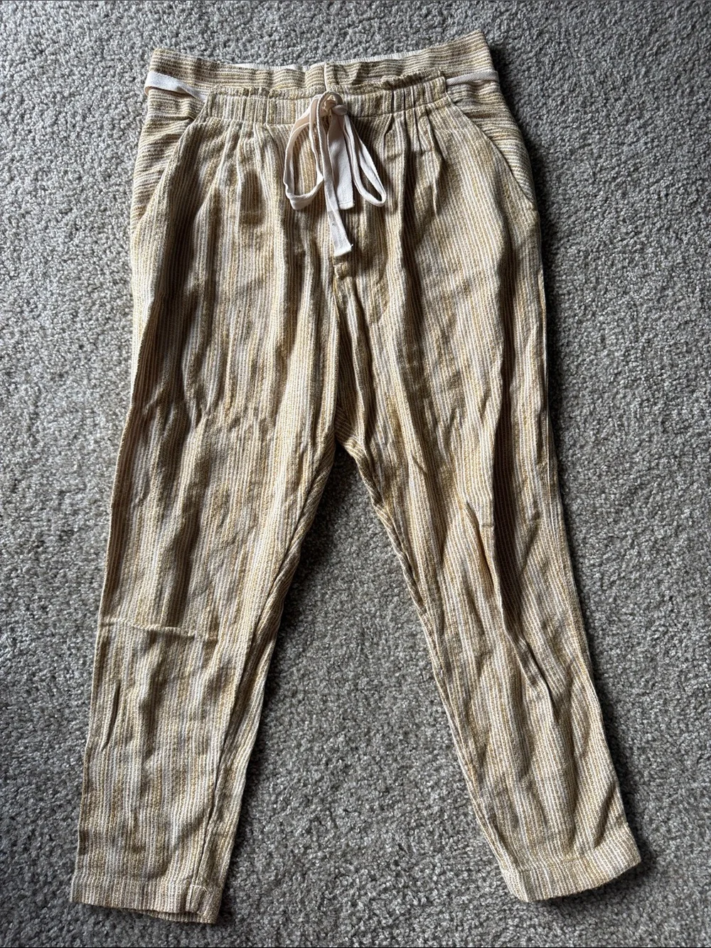 Free People Women's Beige Striped Linen Drawstring Jogger Pants Size 6